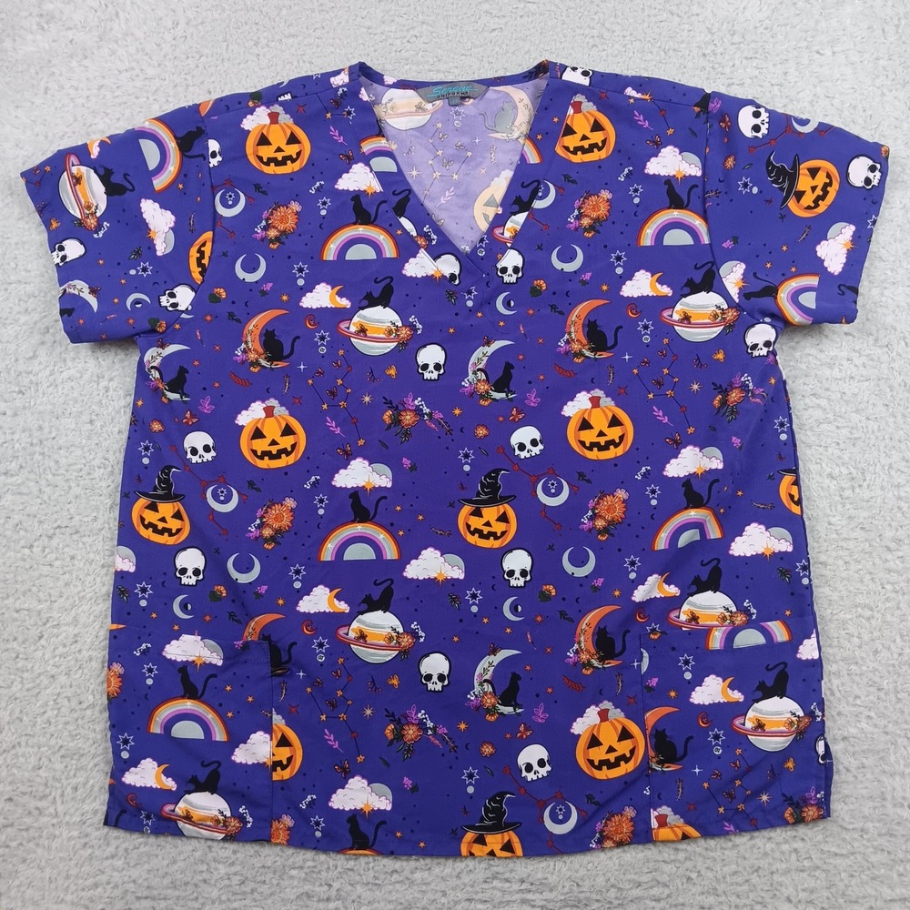 Serene Uniforms Halloween Scrub Top 2X Purple Pumpkin Cat Skull BH9000-1538PL